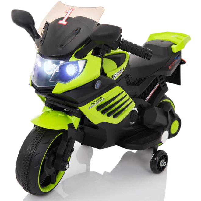 Kids Motorcycle with Training Wheels, Realistic Lights and Sound 6V Green