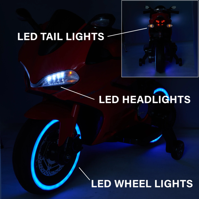 Ducati Bike 12V MP3 Leather Seat, Full LED, training wheel Orange
