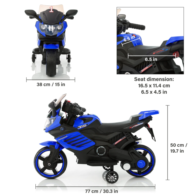 Kids Motorcycle with Training Wheels, Realistic Lights and Sound 6V Blue