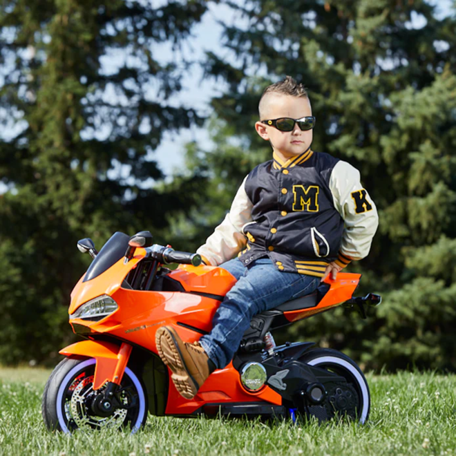Ducati Bike 12V MP3 Leather Seat, Full LED, training wheel Orange