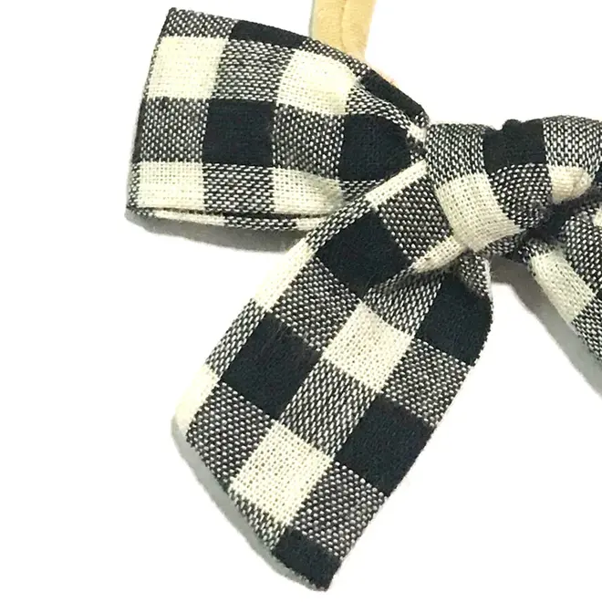 Baby Wisp -Headband Hand Tied Bow White Buffalo Plaid 0M+