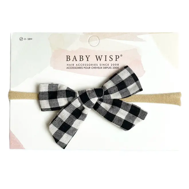 Baby Wisp -Headband Hand Tied Bow White Buffalo Plaid 0M+