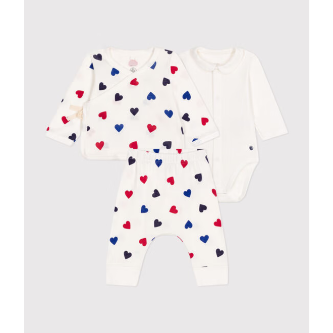 Babies' cotton three-piece outfit-hearts in three colors