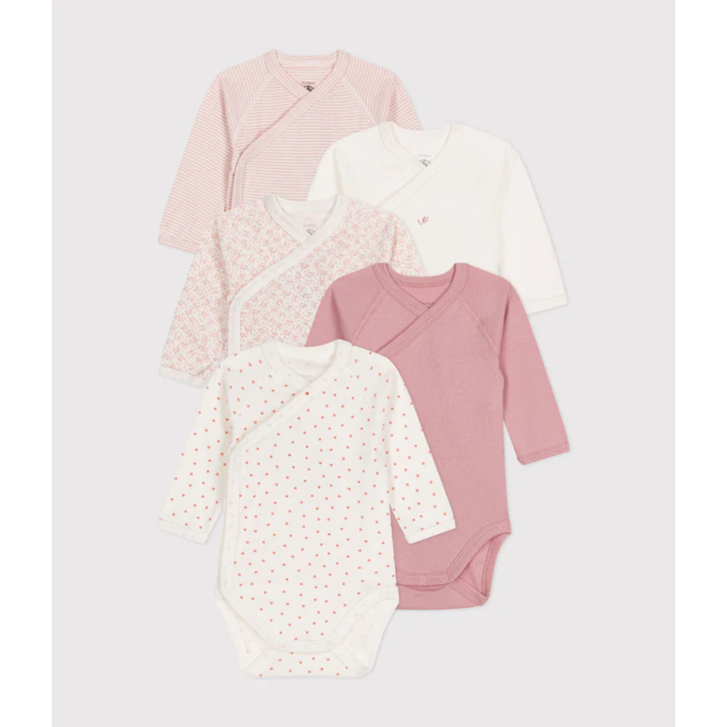 Babies' long-sleeved wrapover cotton bodysuits - 5-Pack
