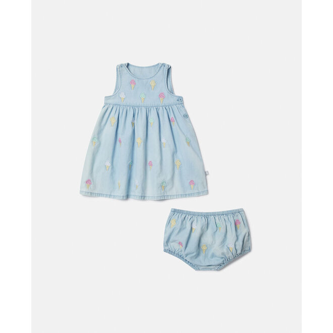 BABY GIRL CHAMBRAY DRESS WITH ICE CREAM EMBRO