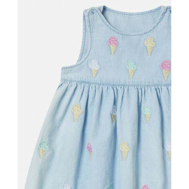 BABY GIRL CHAMBRAY DRESS WITH ICE CREAM EMBRO