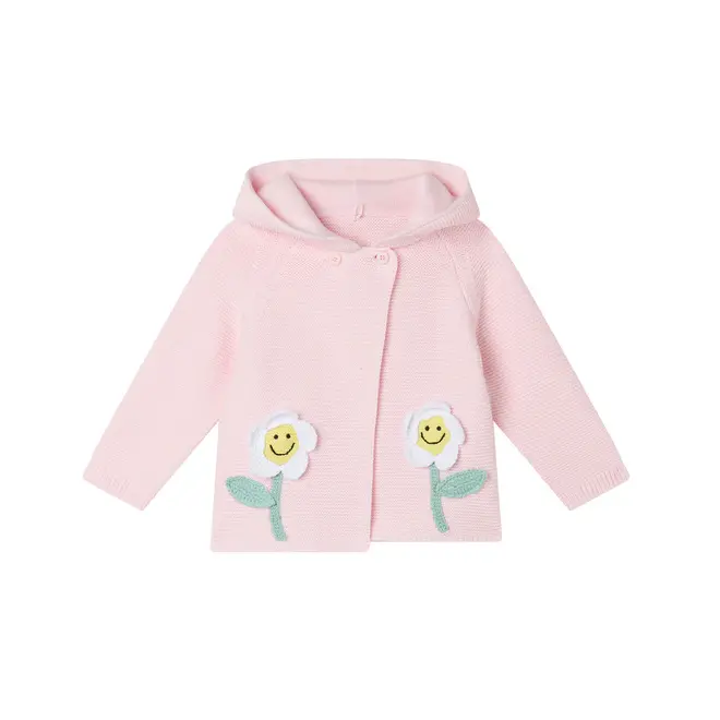 BABY GIRL HOODED CARDIGAN WITH FLOWER CROCHET PATCH