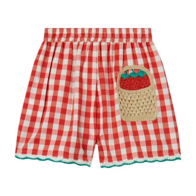 GIRL CHECK SHORTS WITH CROCHET STRAWBERRIES DETAILS