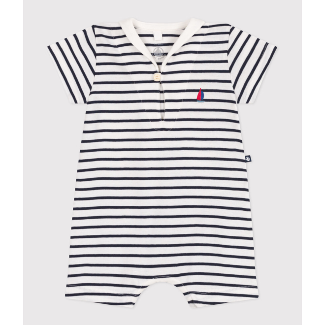Babies' stripy cotton playsuit with a sailor collar
