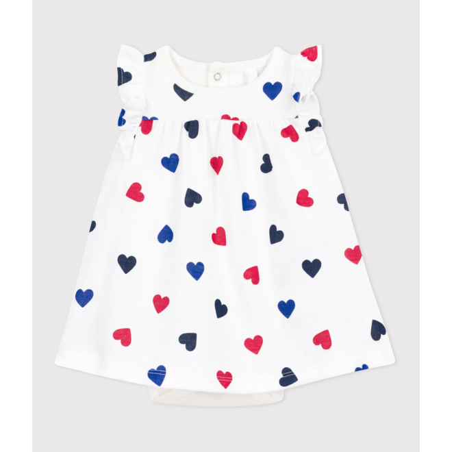 Babies' short-sleeved cotton dress with an integrated triple heart pattern body