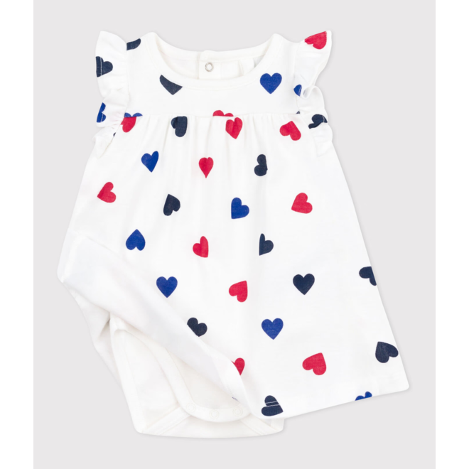 Babies' short-sleeved cotton dress with an integrated triple heart pattern body