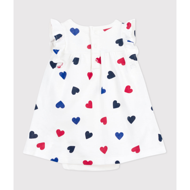 Babies' short-sleeved cotton dress with an integrated triple heart pattern body