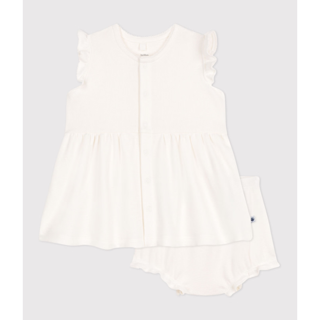 Babies' short-sleeved white honeycomb dress and bloomers