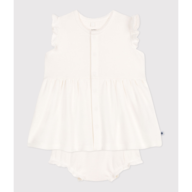 Babies' short-sleeved white honeycomb dress and bloomers