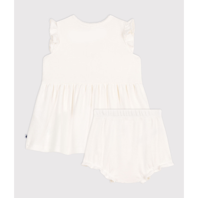 Babies' short-sleeved white honeycomb dress and bloomers