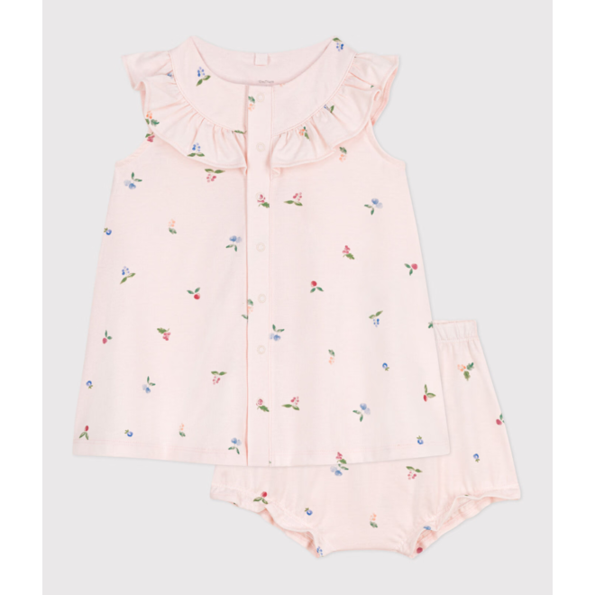 Babies' short-sleeved fruit print cotton dress and bloomers