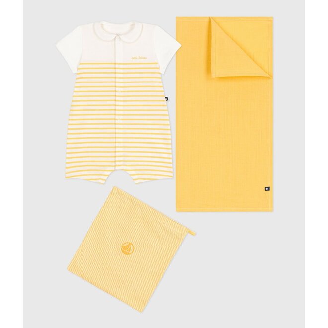 Two-piece newborn baby set with a short jumpsuit and a muslin