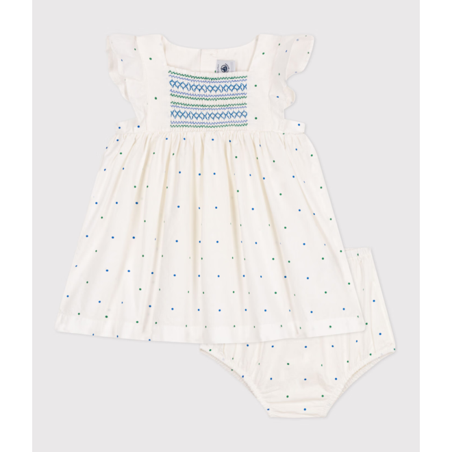 Babies' white cotton dress and bloomers printed with spots