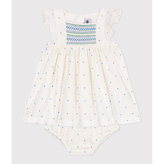 Babies' white cotton dress and bloomers printed with spots