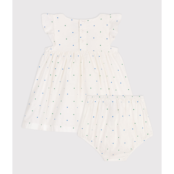 Babies' white cotton dress and bloomers printed with spots