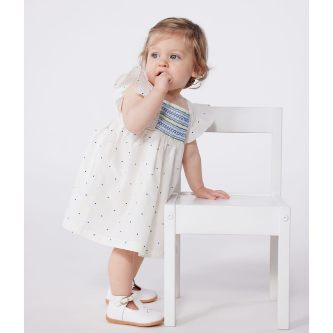Babies' white cotton dress and bloomers printed with spots