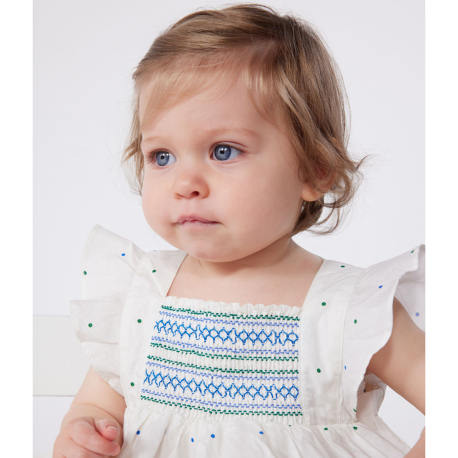 Babies' white cotton dress and bloomers printed with spots