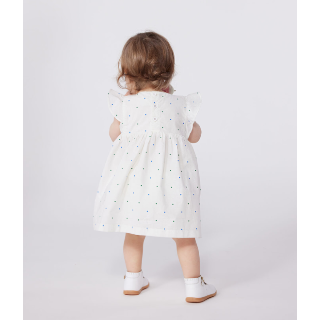 Babies' white cotton dress and bloomers printed with spots