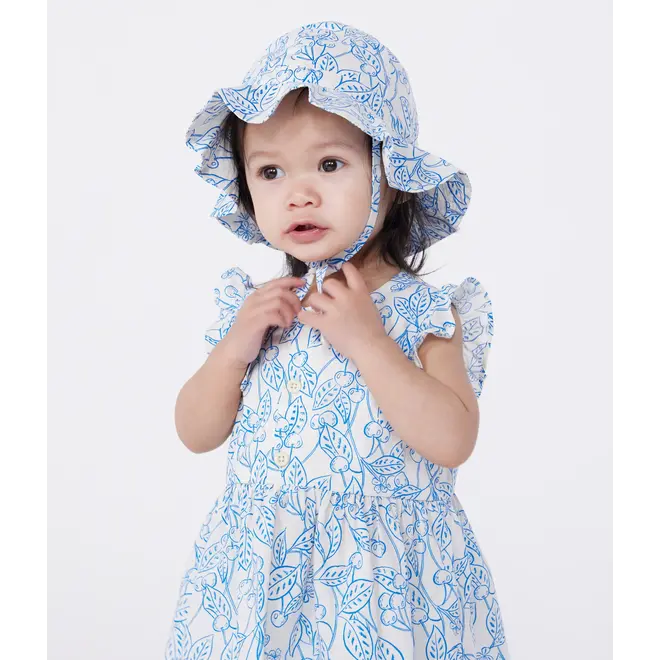 Babies' cotton dress and bloomers with a blue cherry print