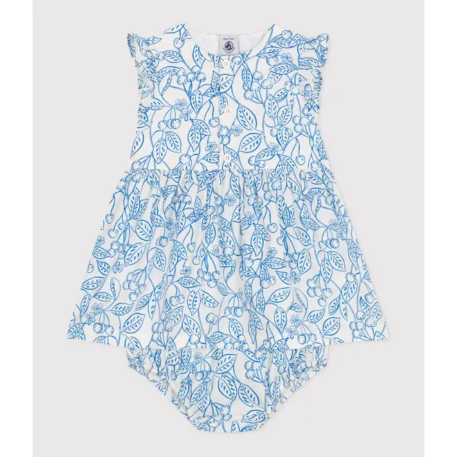 Babies' cotton dress and bloomers with a blue cherry print