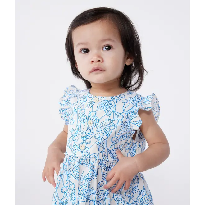 Babies' cotton dress and bloomers with a blue cherry print