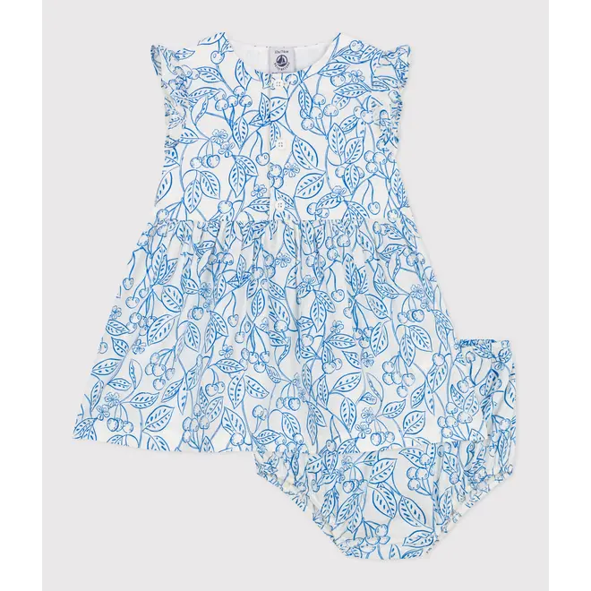 Babies' cotton dress and bloomers with a blue cherry print