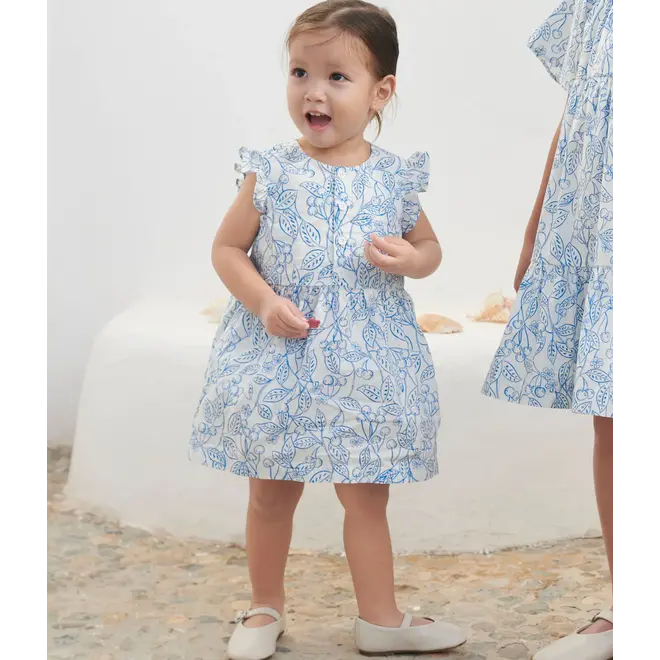 Babies' cotton dress and bloomers with a blue cherry print