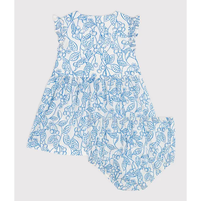 Babies' cotton dress and bloomers with a blue cherry print