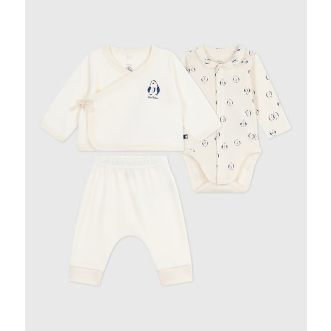 Babies' 3-piece set with a penguin print wrap-around top and a body