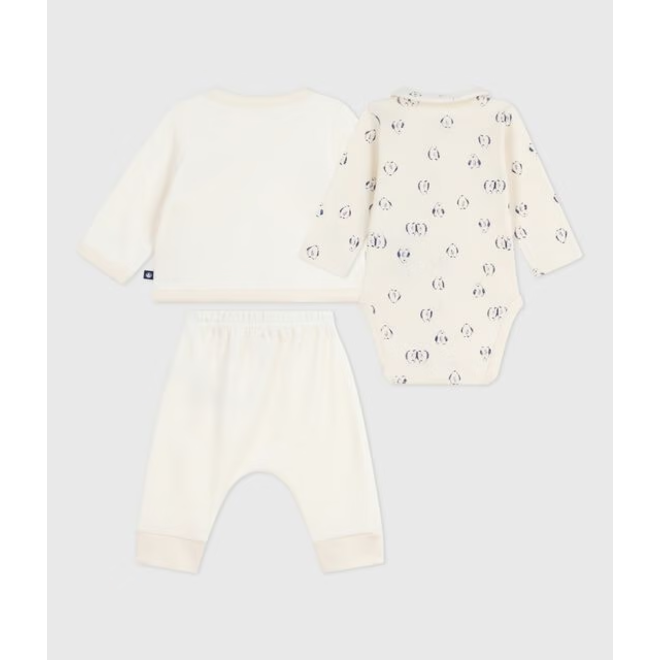 Babies' 3-piece set with a penguin print wrap-around top and a body