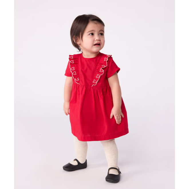 Babies' short-sleeved plain cotton dress with matching bloomers