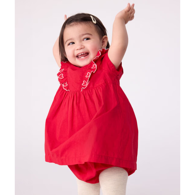 Babies' short-sleeved plain cotton dress with matching bloomers