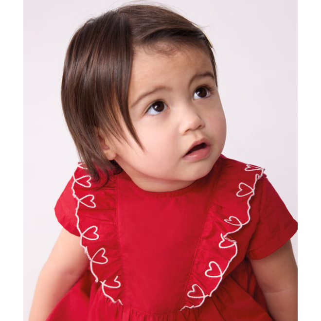 Babies' short-sleeved plain cotton dress with matching bloomers