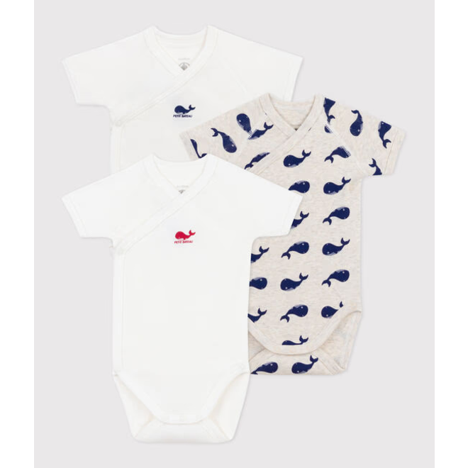 Babies' short-sleeved printed cotton wrapover bodies - 3-pack