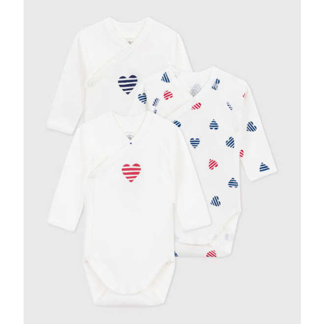 Babies' long-sleeved wrapover stripy heart pattern cotton bodysuits - 3-pack