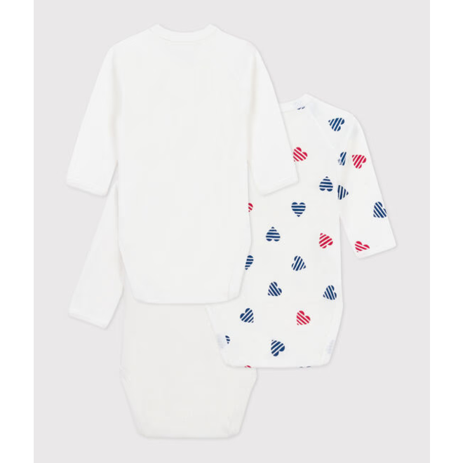 Babies' long-sleeved wrapover stripy heart pattern cotton bodysuits - 3-pack