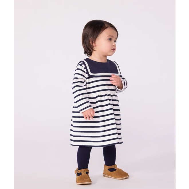 Babies' breton stripe dress in thick cotton with long sleeves
