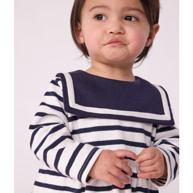 Babies' breton stripe dress in thick cotton with long sleeves