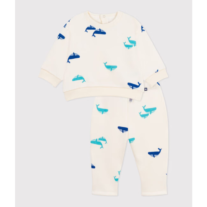 Babies' sweatshirt and trousers set in whale-print cotton
