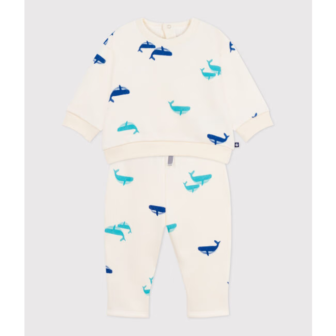 Babies' sweatshirt and trousers set in whale-print cotton