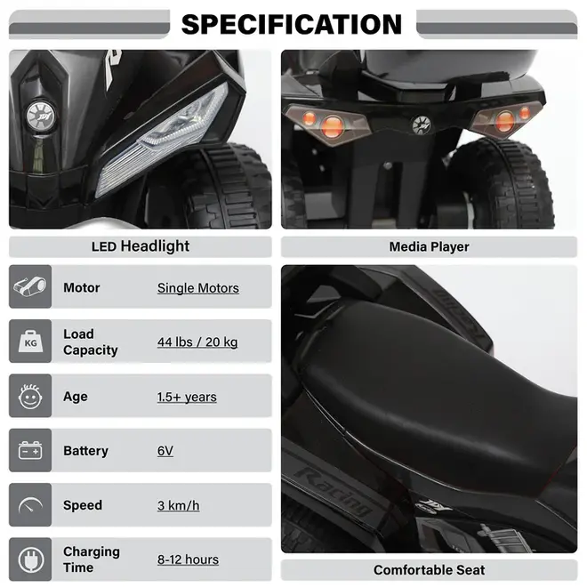 VOLTZ TOYS Kids Ride-On ATV Quad – 6V Battery Electric Four-Wheeler with LED Lights, Storage, 3KM/H, Ages 18+ Months Black