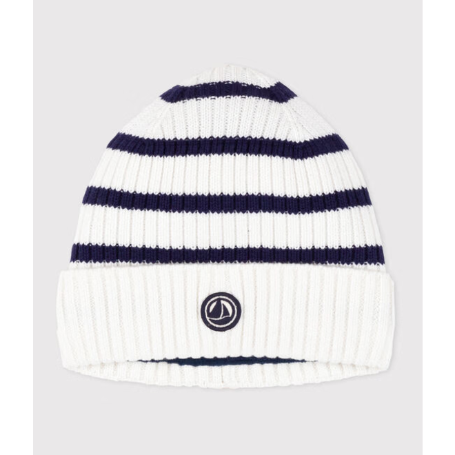 Children's stripy knitted beanie hat lined in polar fleece