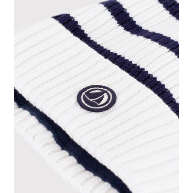 Children's stripy knitted beanie hat lined in polar fleece