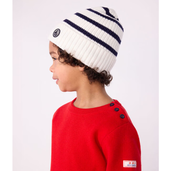 Children's stripy knitted beanie hat lined in polar fleece