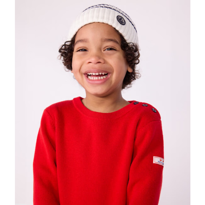 Children's stripy knitted beanie hat lined in polar fleece